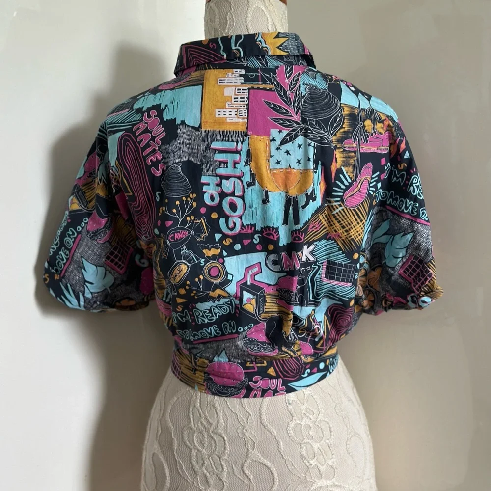 Zara Cropped Tie Front Graphic Button Down Shirt sz S - Picture 5 of 9